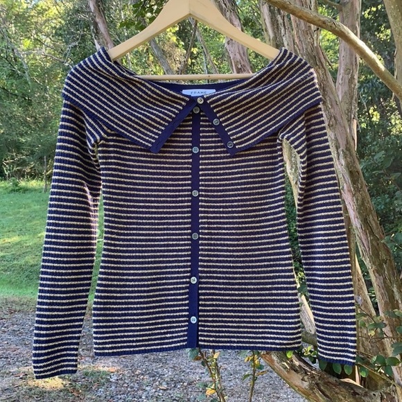 FRAME Off Shoulder Textured Wool Blend Sweater in Blue/Mustard Yellow - Picture 5 of 12